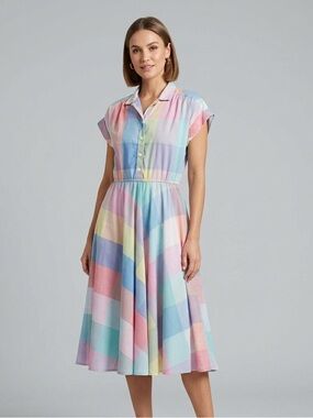 Vintage 80s Byer Too! Pastel Rainbow Plaid Drop Waist Midi Dress Size 9